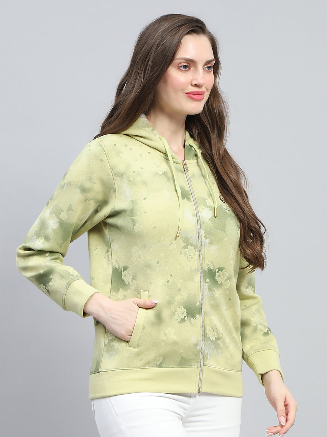 Women Green Printed Hooded Full Sleeve Sweatshirt