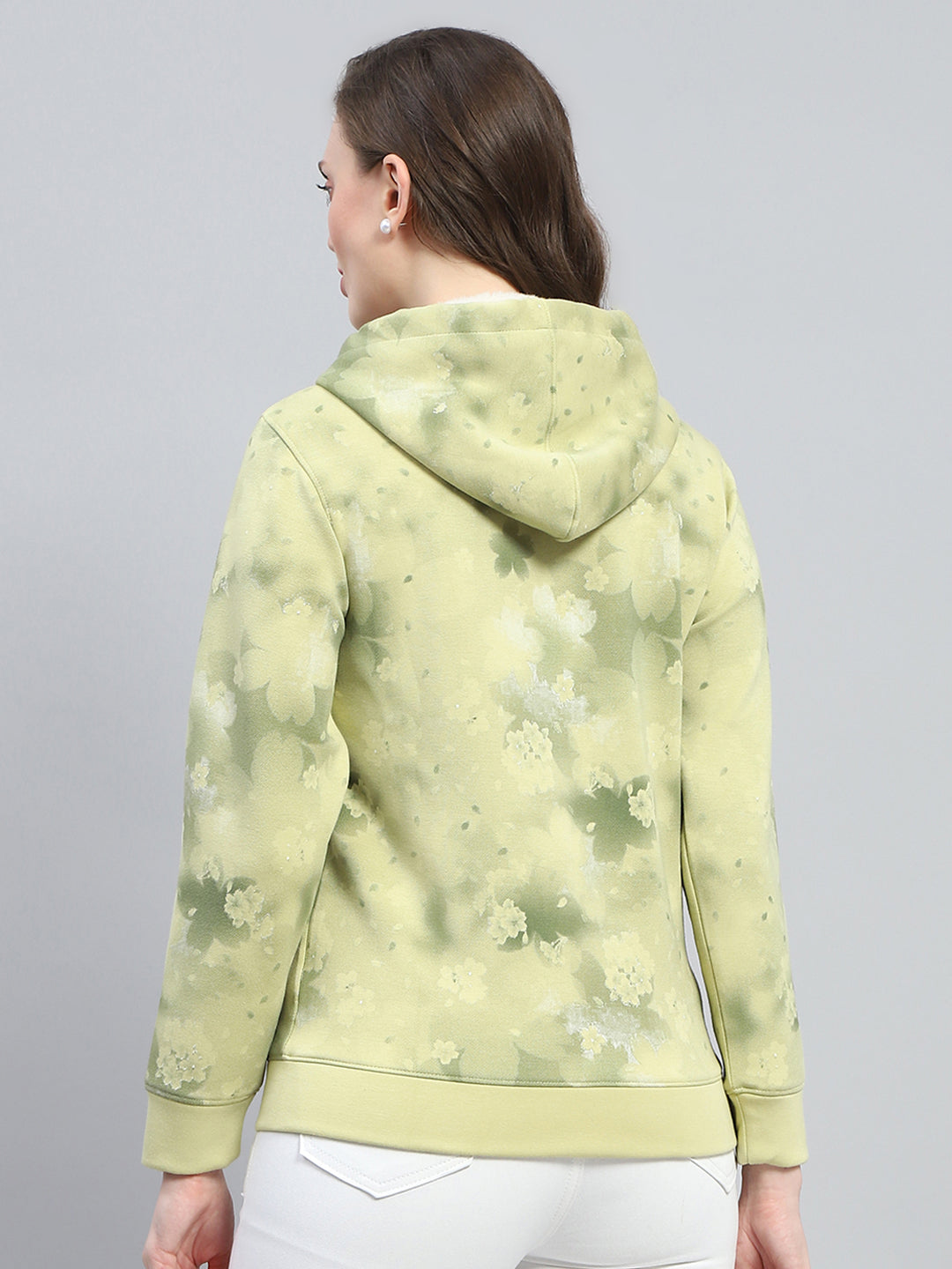 Women Green Printed Hooded Full Sleeve Sweatshirt