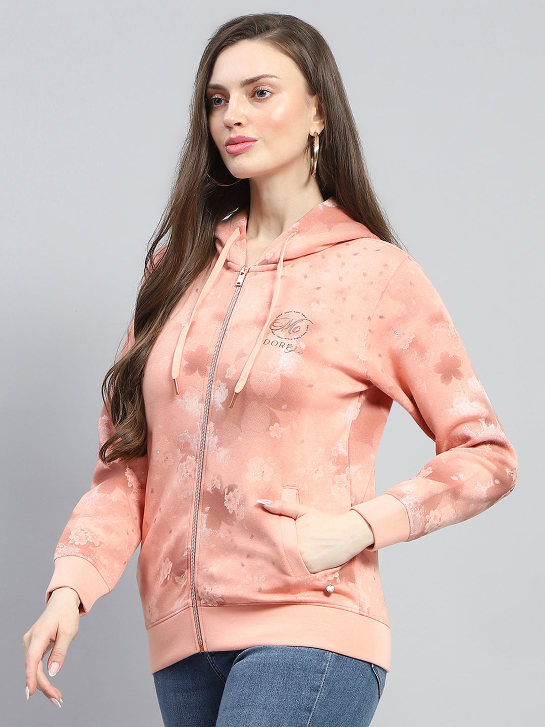 Women Peach Printed Hooded Full Sleeve Sweatshirt