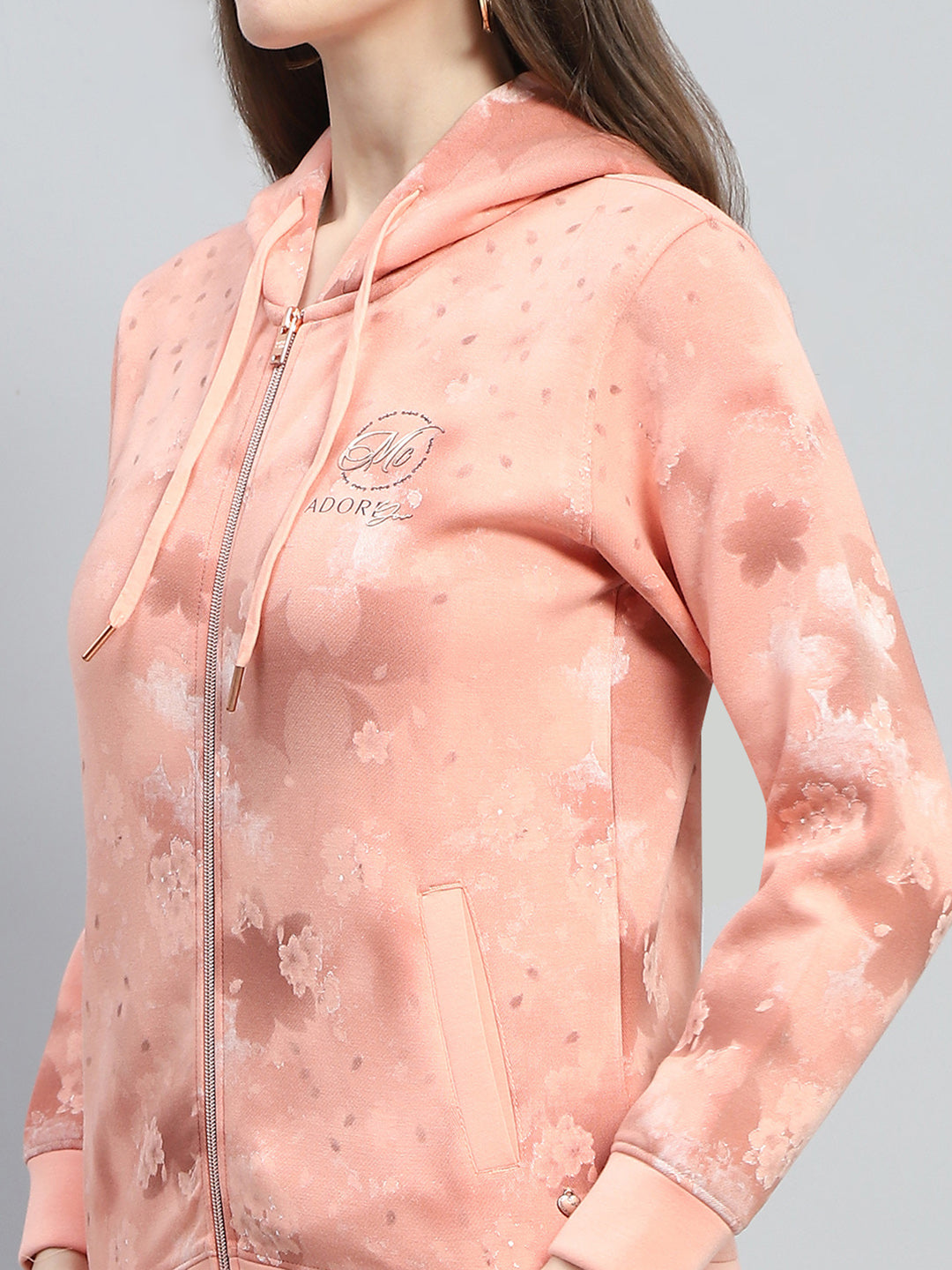 Women Peach Printed Hooded Full Sleeve Sweatshirt