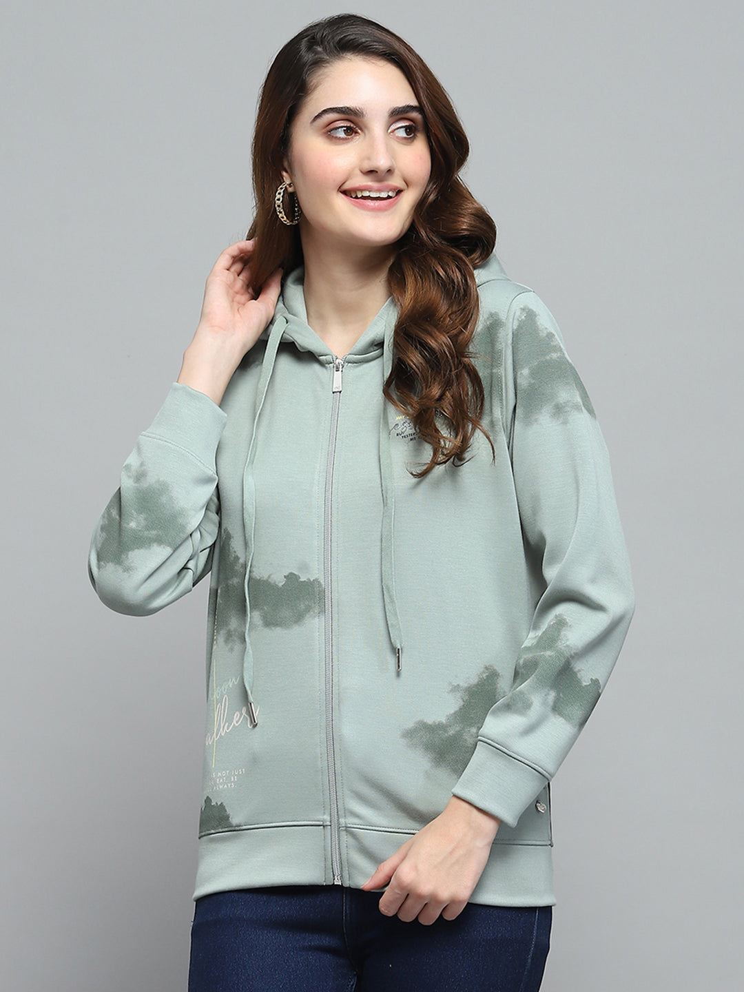 Women Green Printed Hooded Full Sleeve Sweatshirt