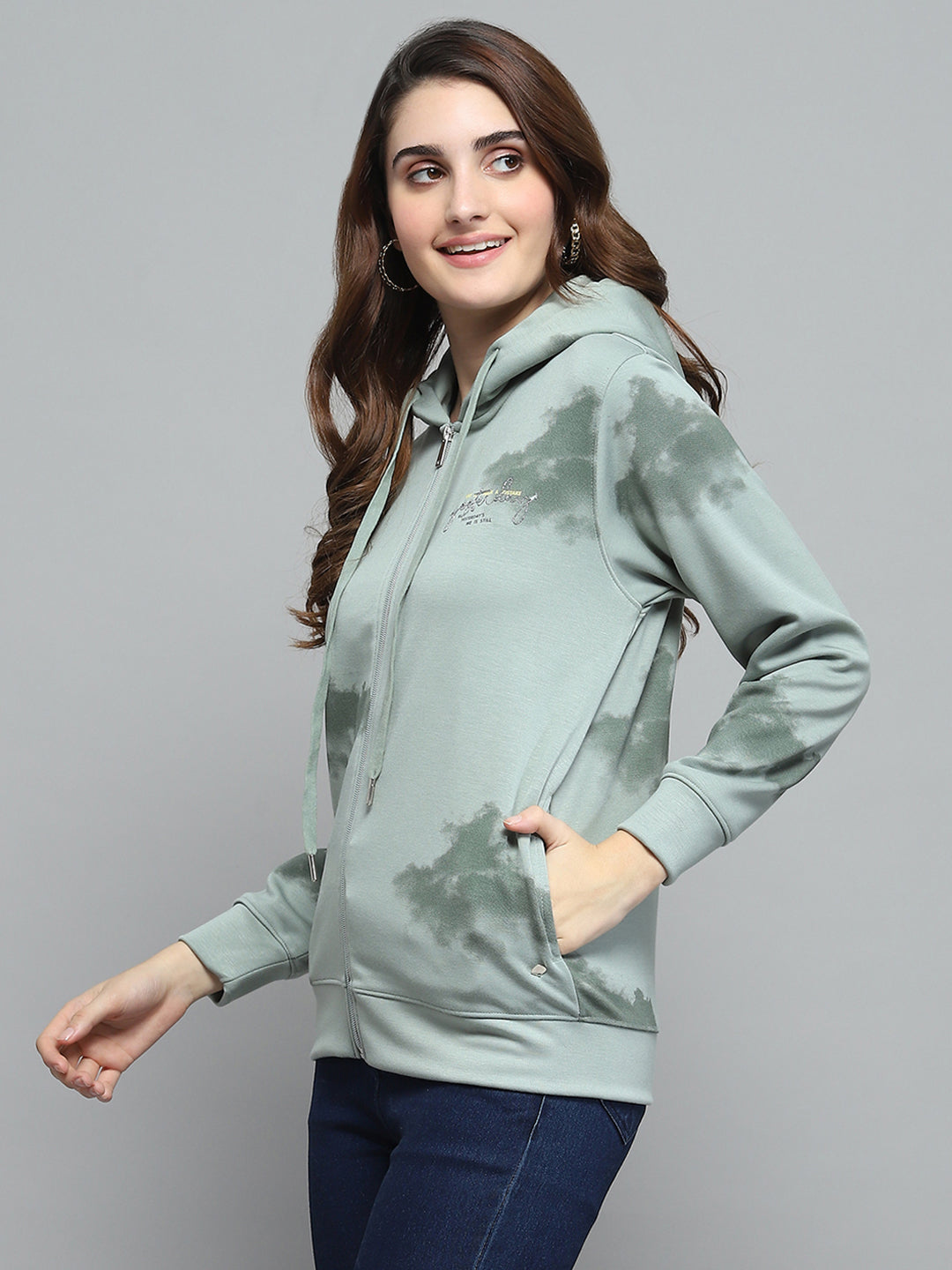 Women Green Printed Hooded Full Sleeve Sweatshirt