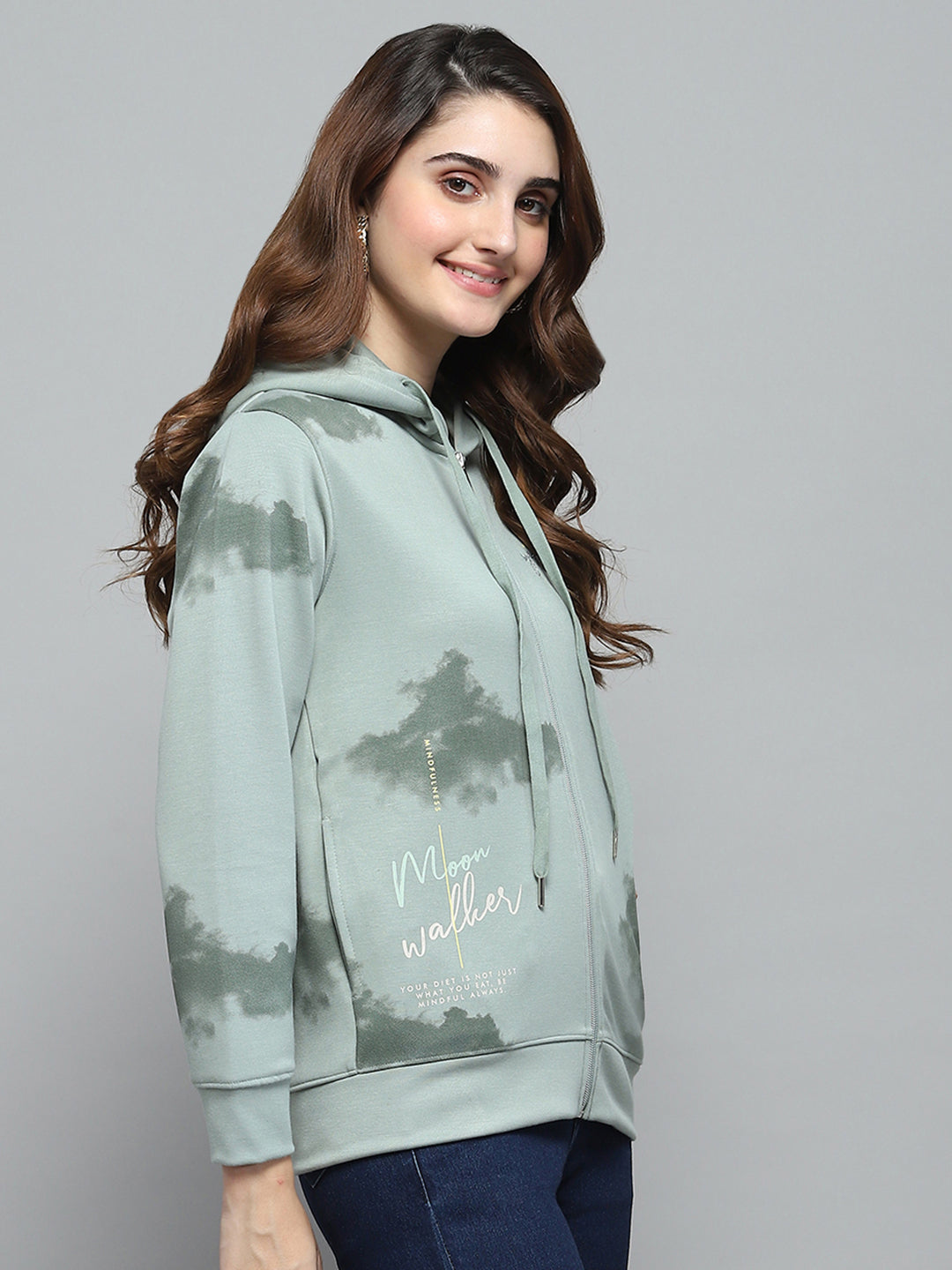 Women Green Printed Hooded Full Sleeve Sweatshirt