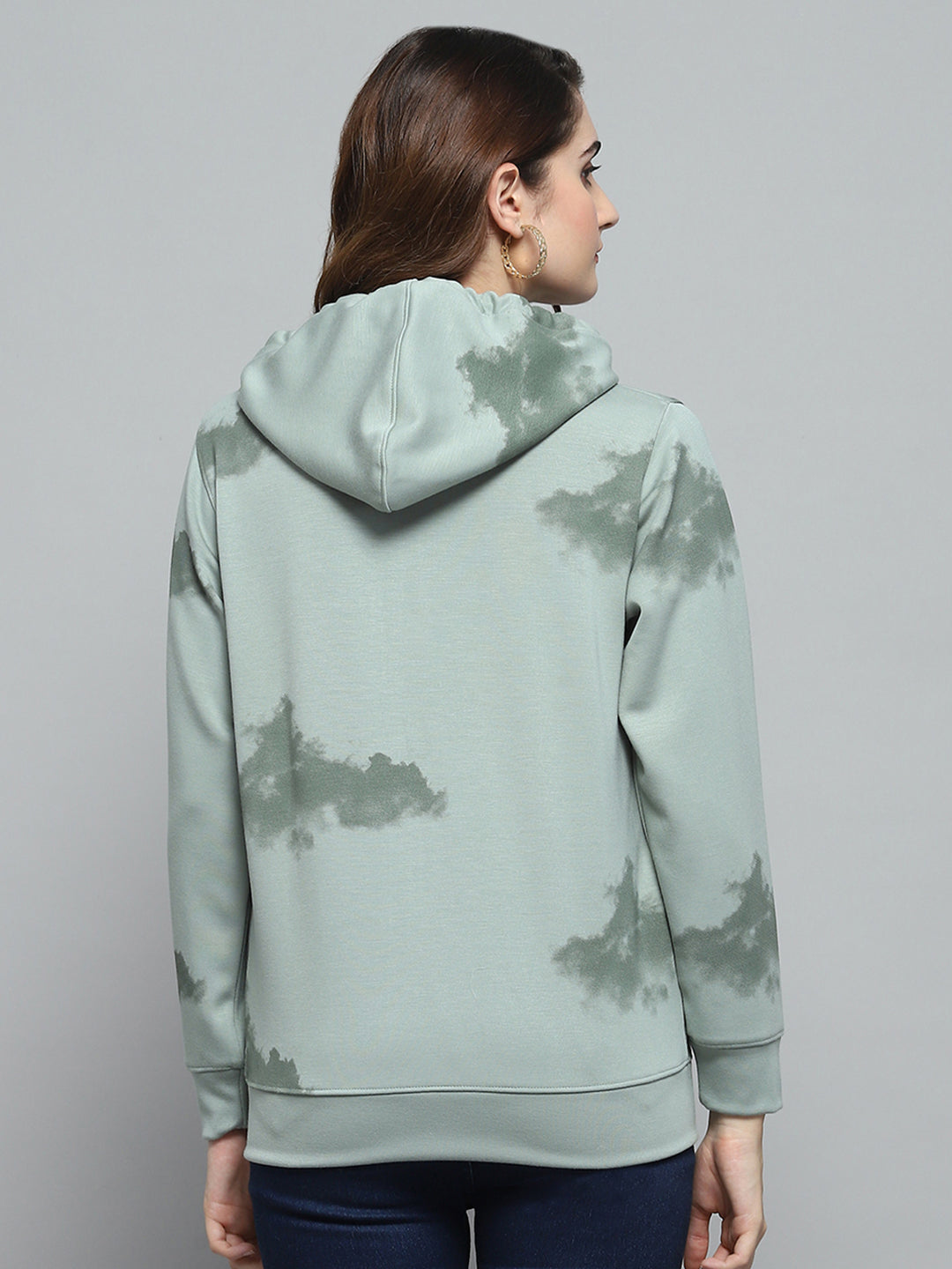 Women Green Printed Hooded Full Sleeve Sweatshirt
