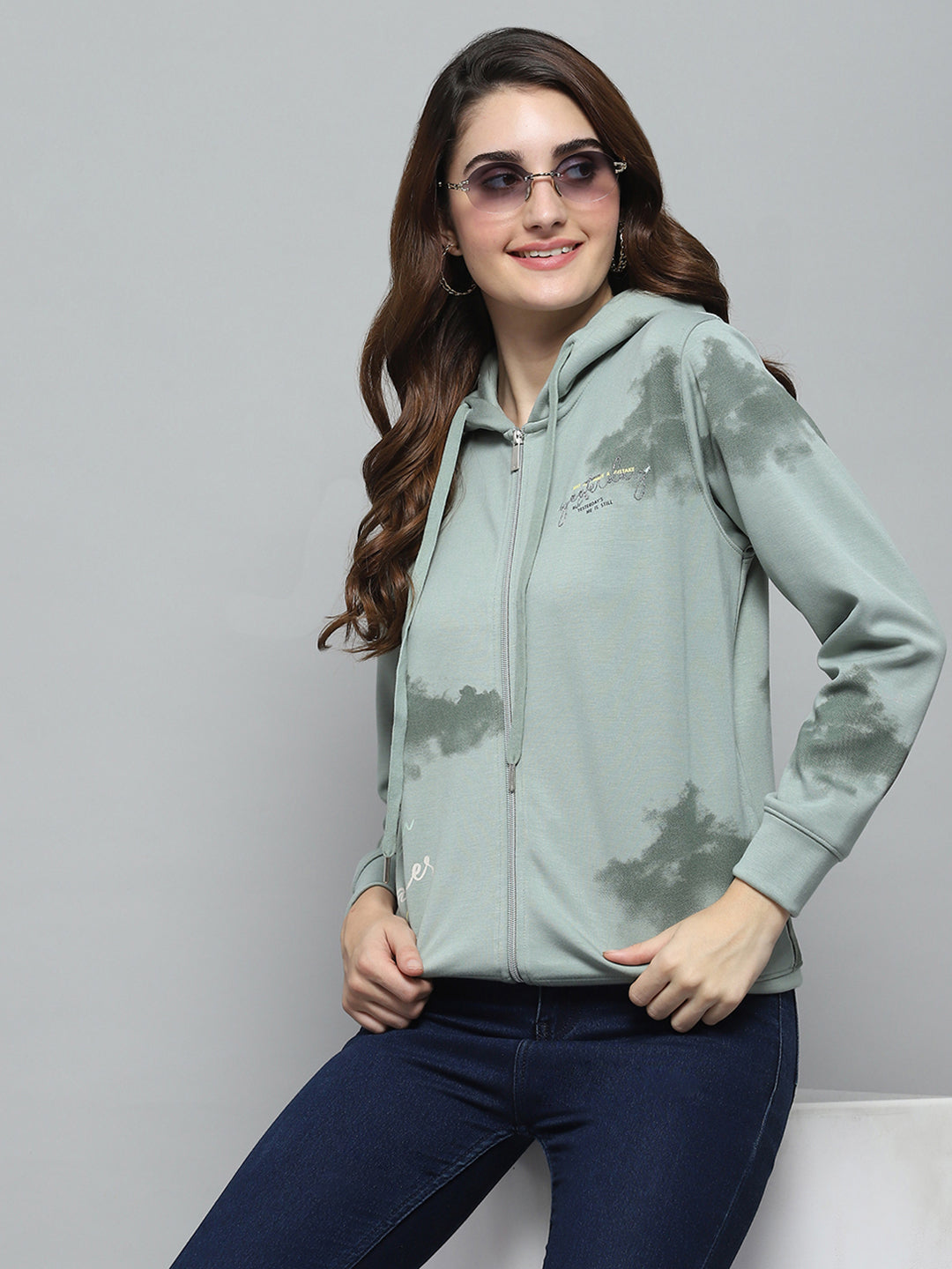 Women Green Printed Hooded Full Sleeve Sweatshirt