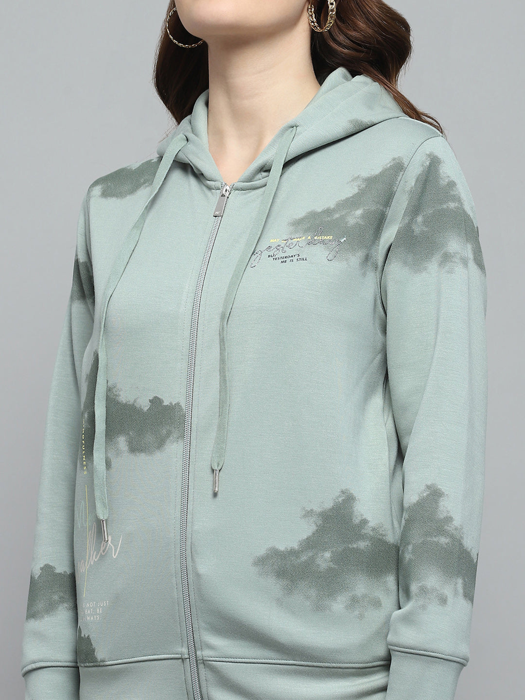 Women Green Printed Hooded Full Sleeve Sweatshirt