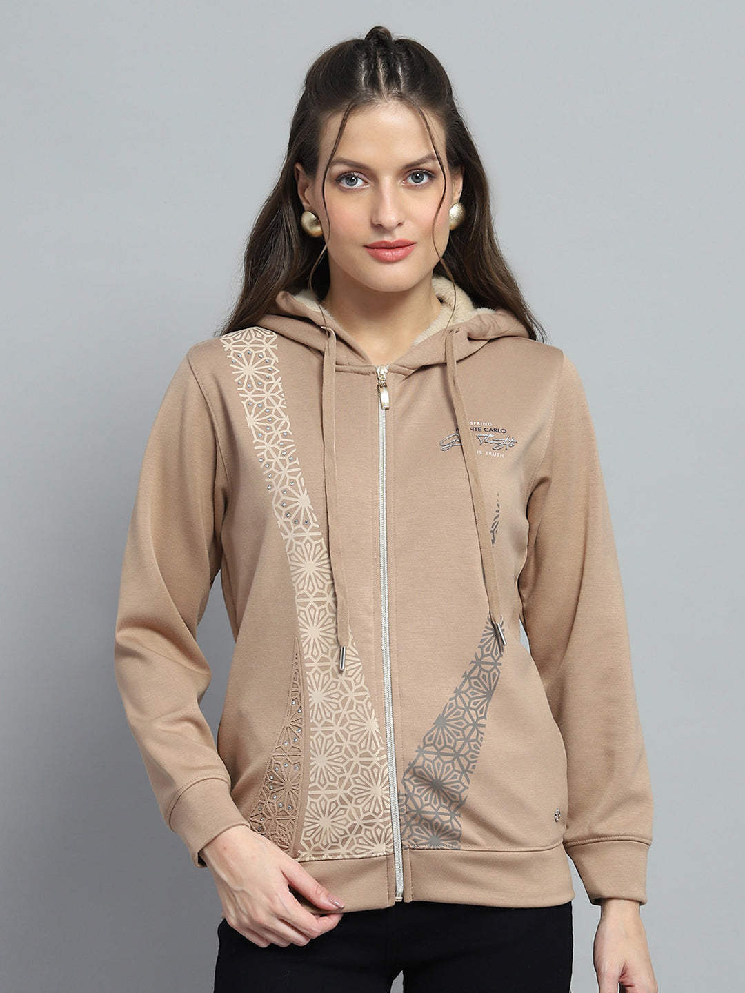 Women Beige Printed Hooded Full Sleeve Sweatshirt