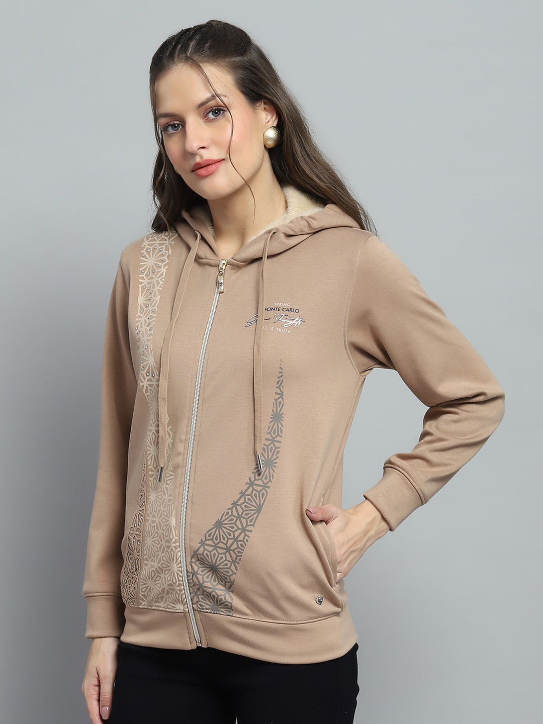 Women Beige Printed Hooded Full Sleeve Sweatshirt