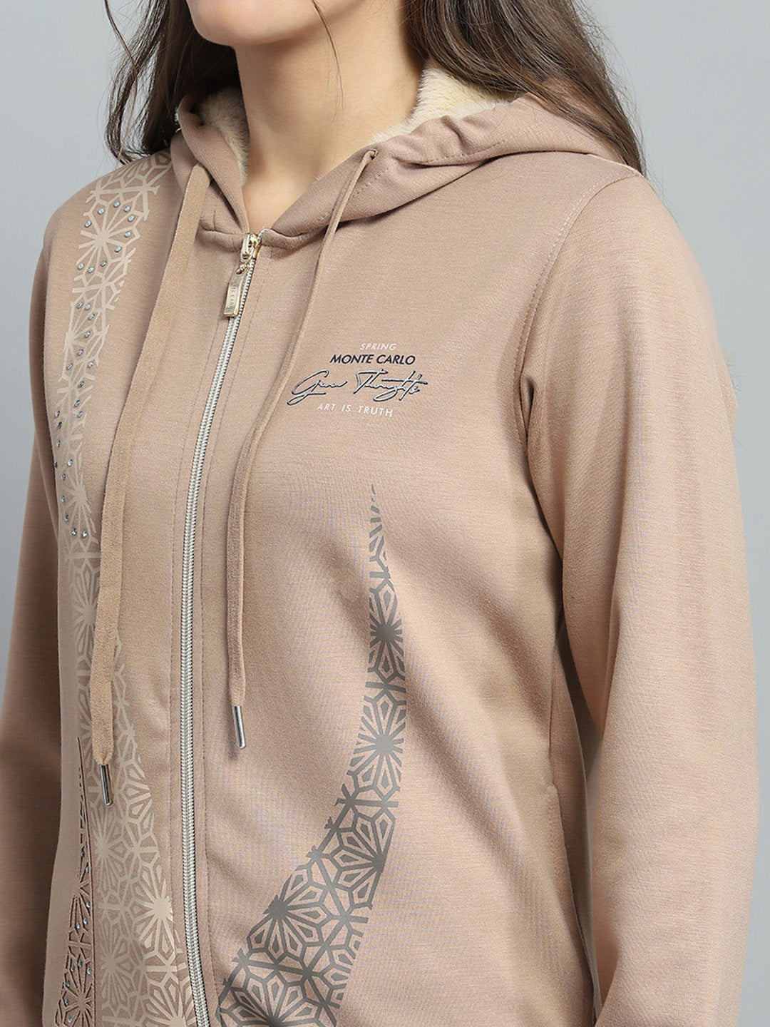 Women Beige Printed Hooded Full Sleeve Sweatshirt