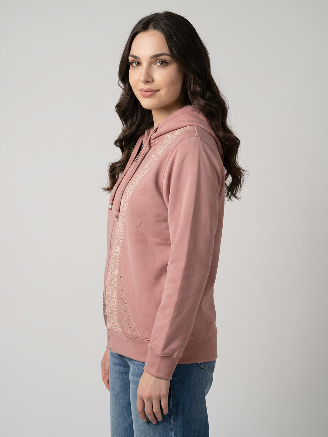 Women Peach Printed Hooded Full Sleeve Sweatshirt