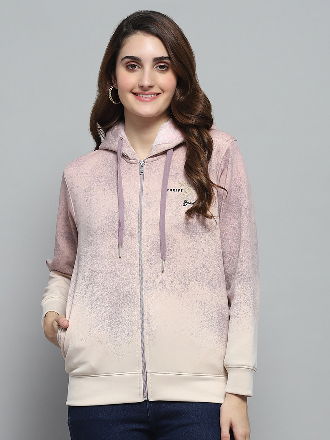 Women Peach Printed Hooded Full Sleeve Sweatshirt