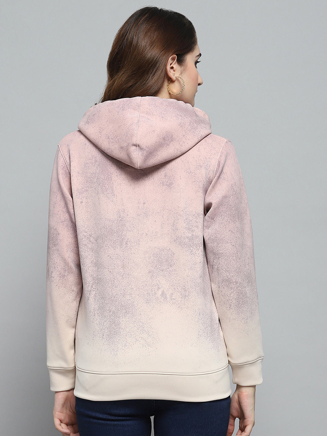 Women Peach Printed Hooded Full Sleeve Sweatshirt