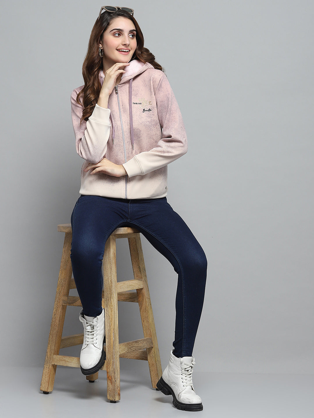 Women Peach Printed Hooded Full Sleeve Sweatshirt