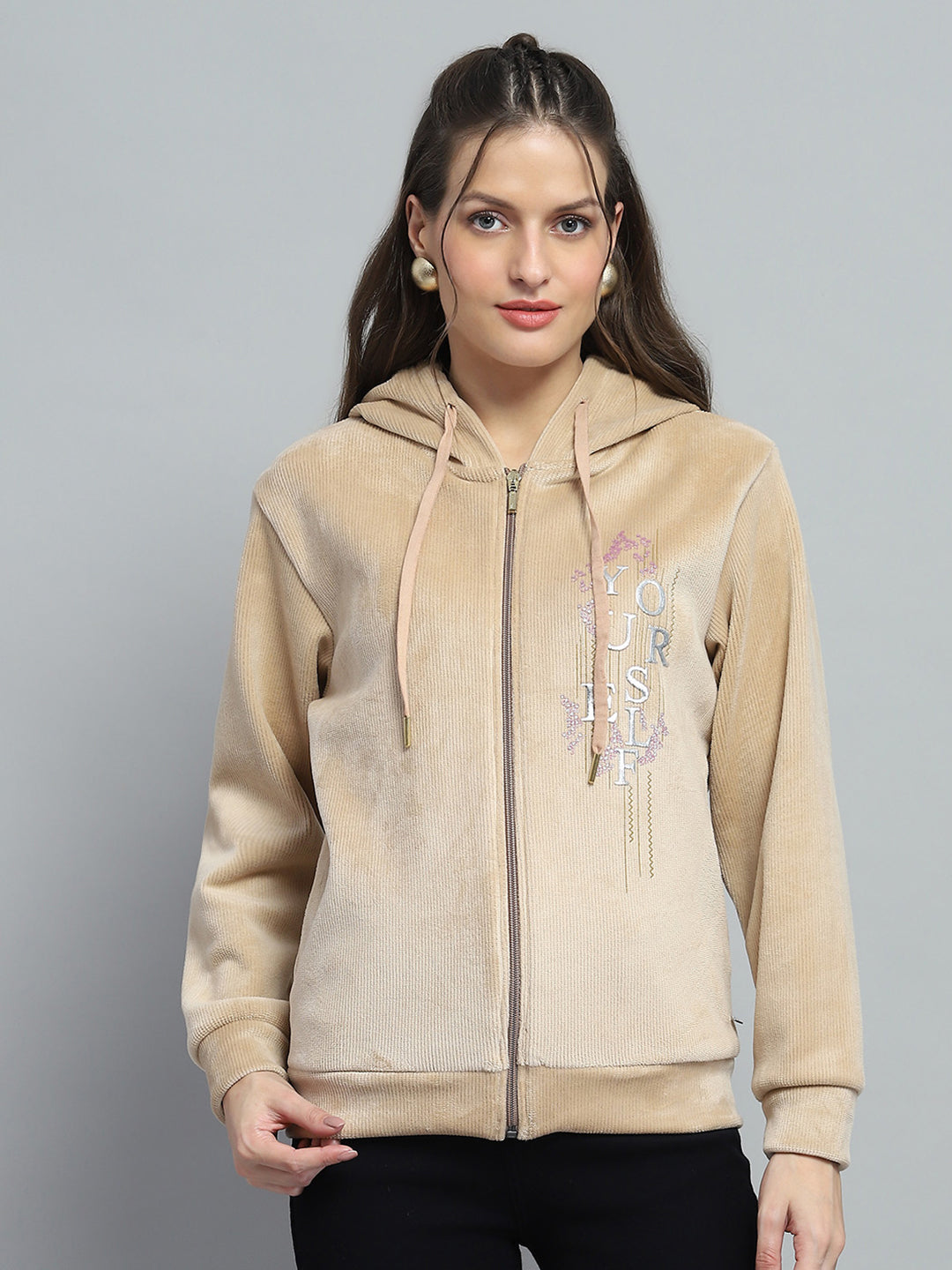 Women Beige Printed Hooded Full Sleeve Sweatshirt