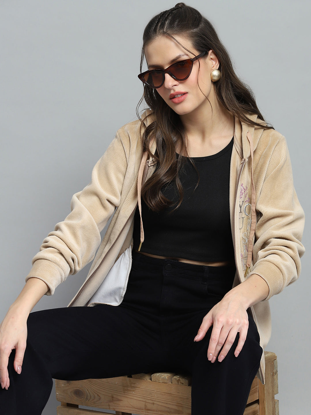 Women Beige Printed Hooded Full Sleeve Sweatshirt