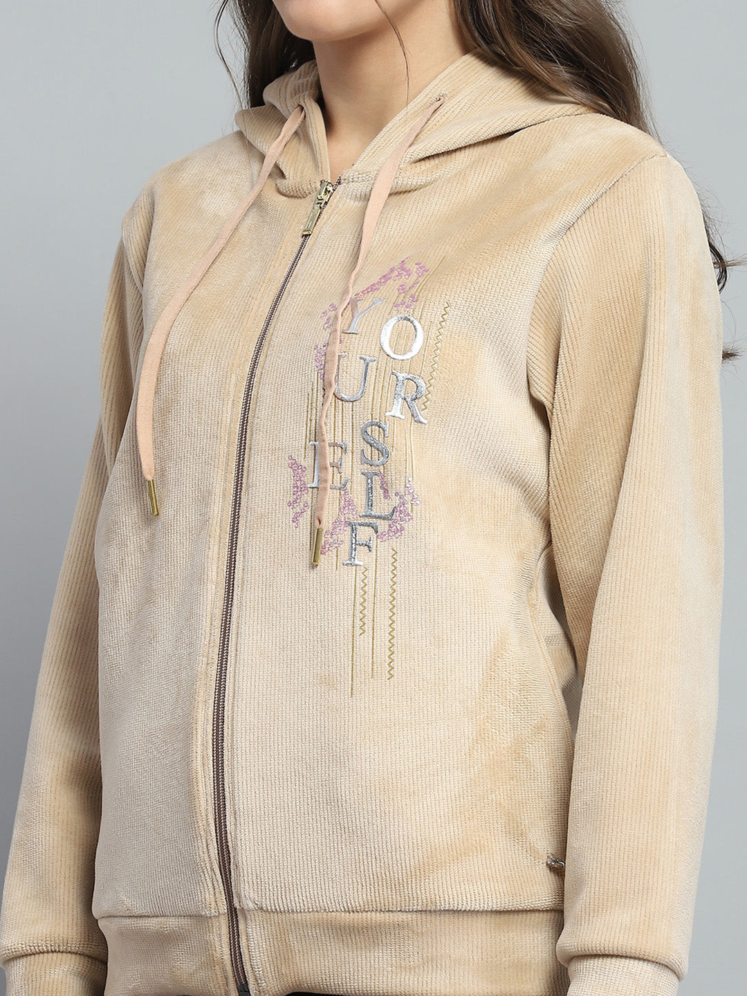 Women Beige Printed Hooded Full Sleeve Sweatshirt