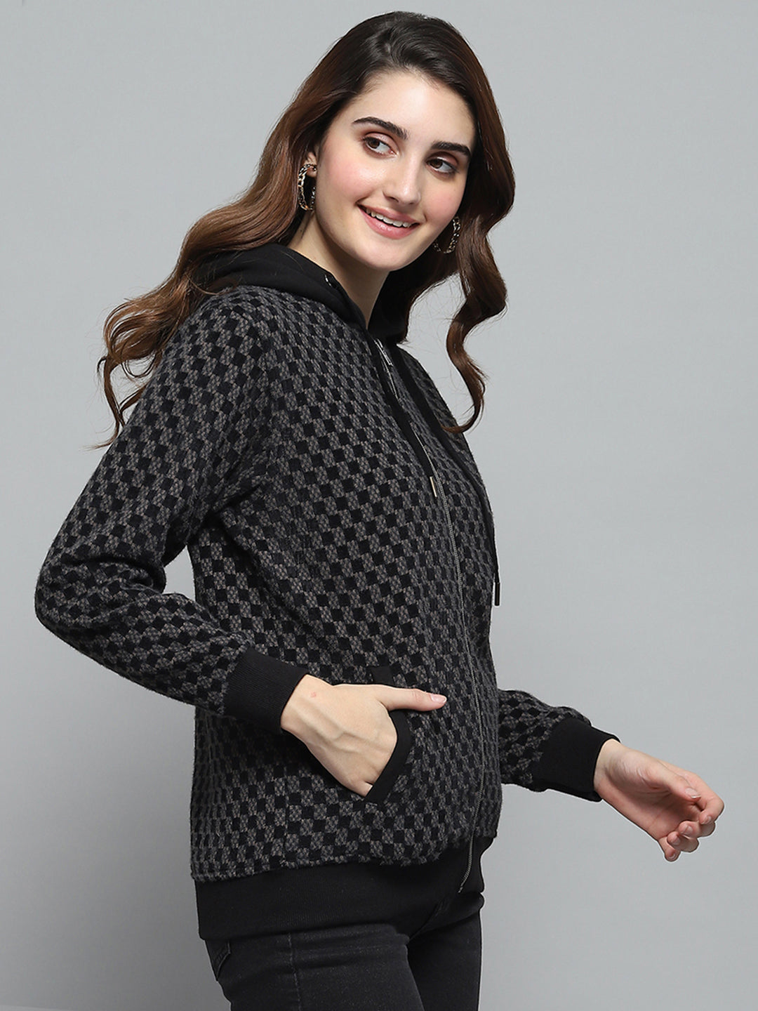 Women Black Self Design Hooded Full Sleeve Sweatshirt