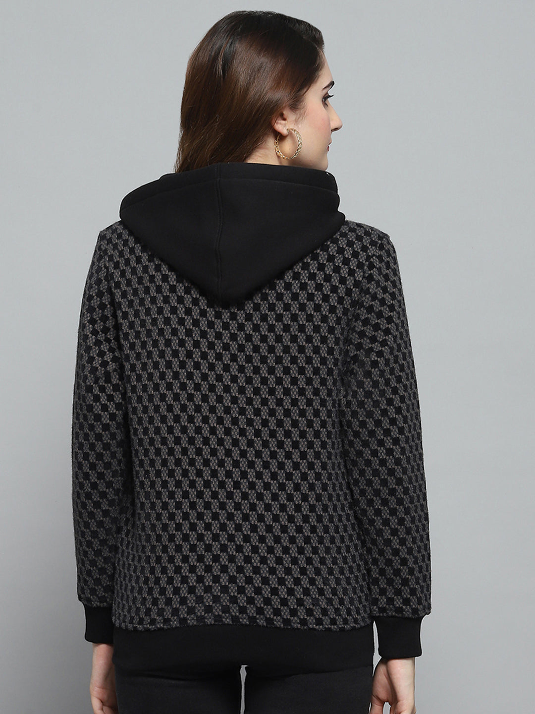 Women Black Self Design Hooded Full Sleeve Sweatshirt