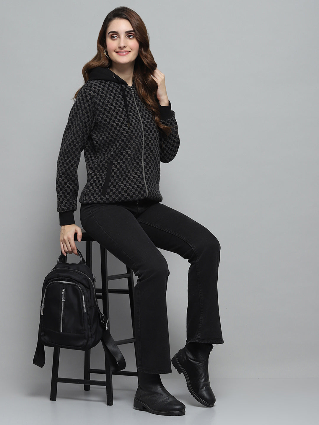 Women Black Self Design Hooded Full Sleeve Sweatshirt