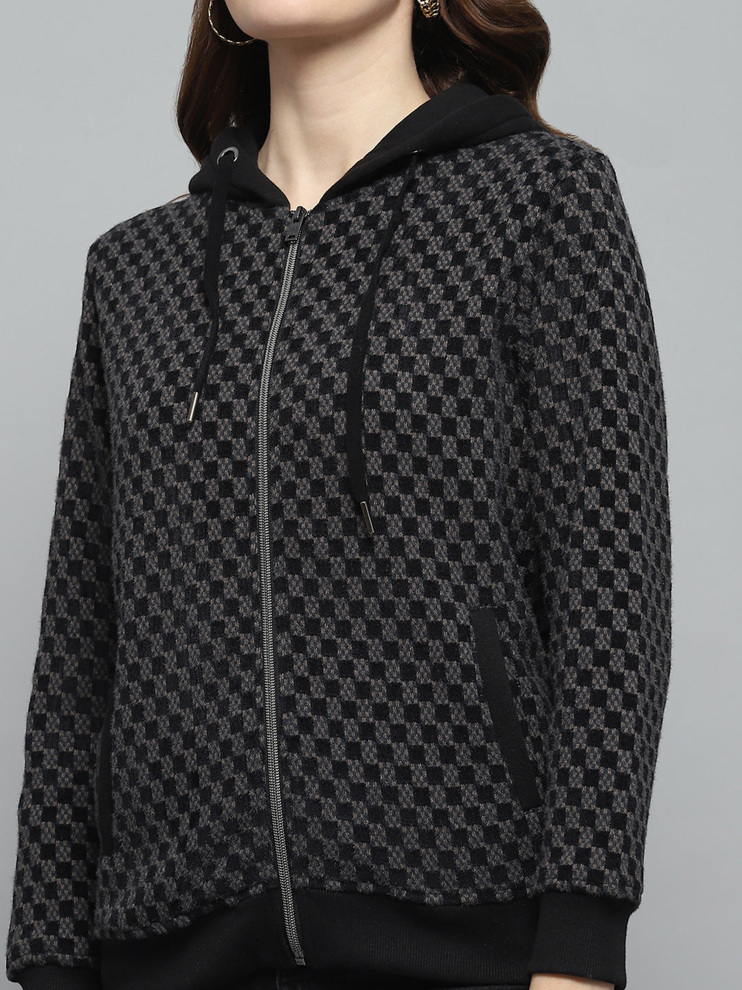 Women Black Self Design Hooded Full Sleeve Sweatshirt