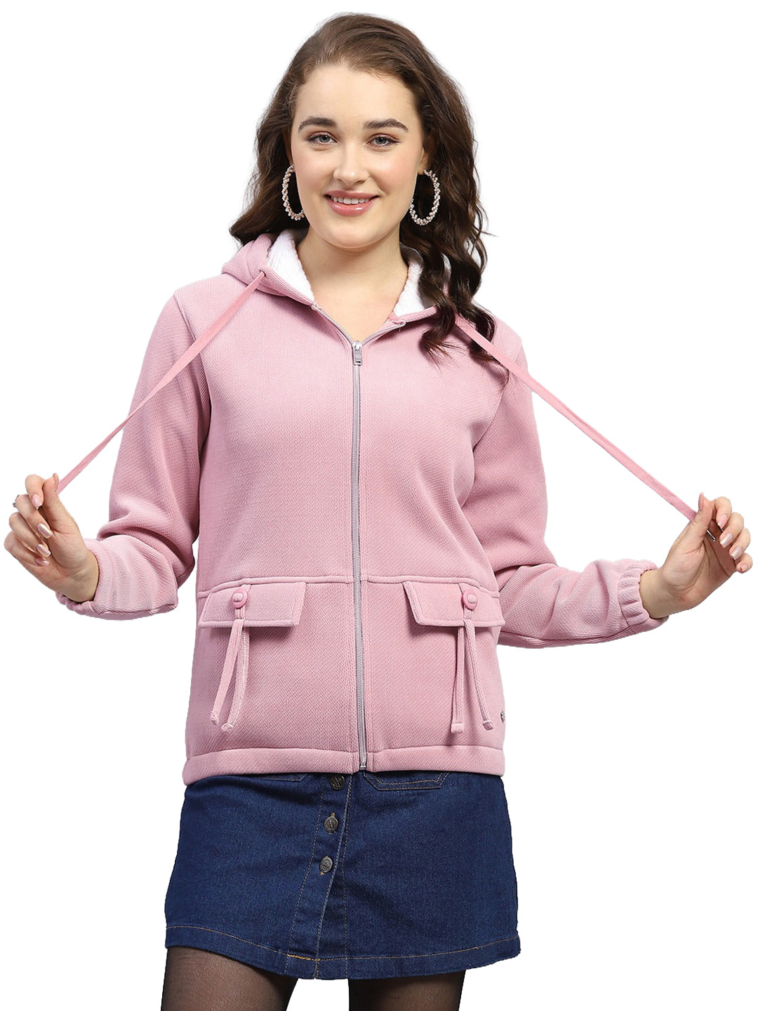 Women Peach Solid Hooded Full Sleeve Sweatshirt