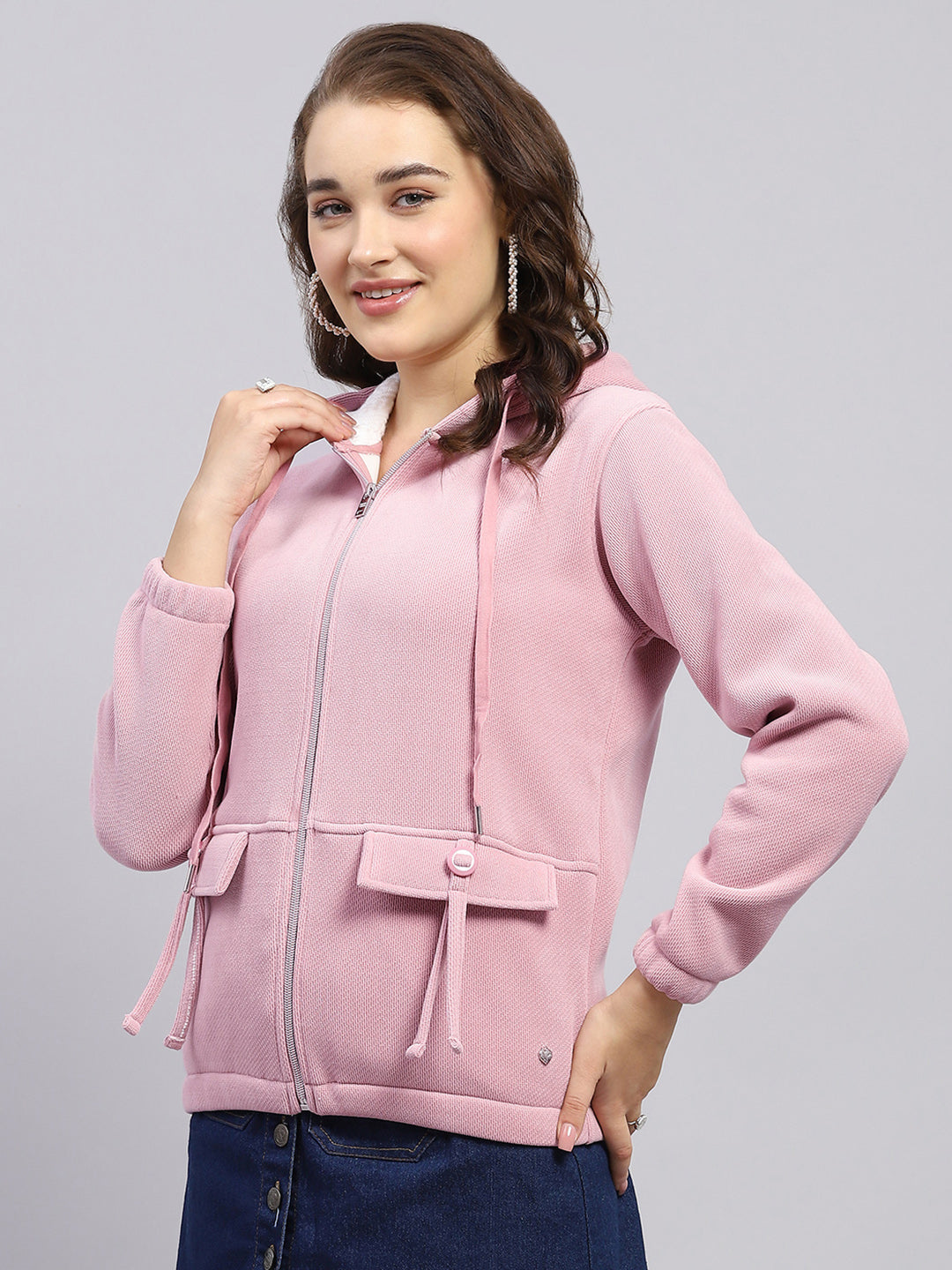 Women Peach Solid Hooded Full Sleeve Sweatshirt