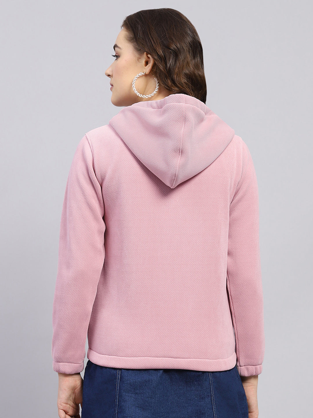 Women Peach Solid Hooded Full Sleeve Sweatshirt