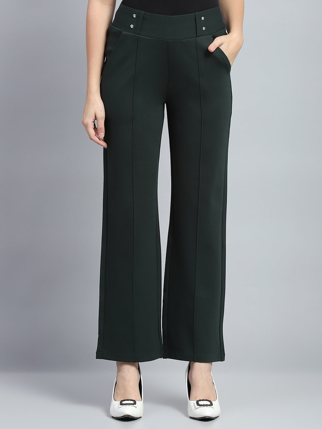 Women Bottle Green Solid Regular Fit Trouser