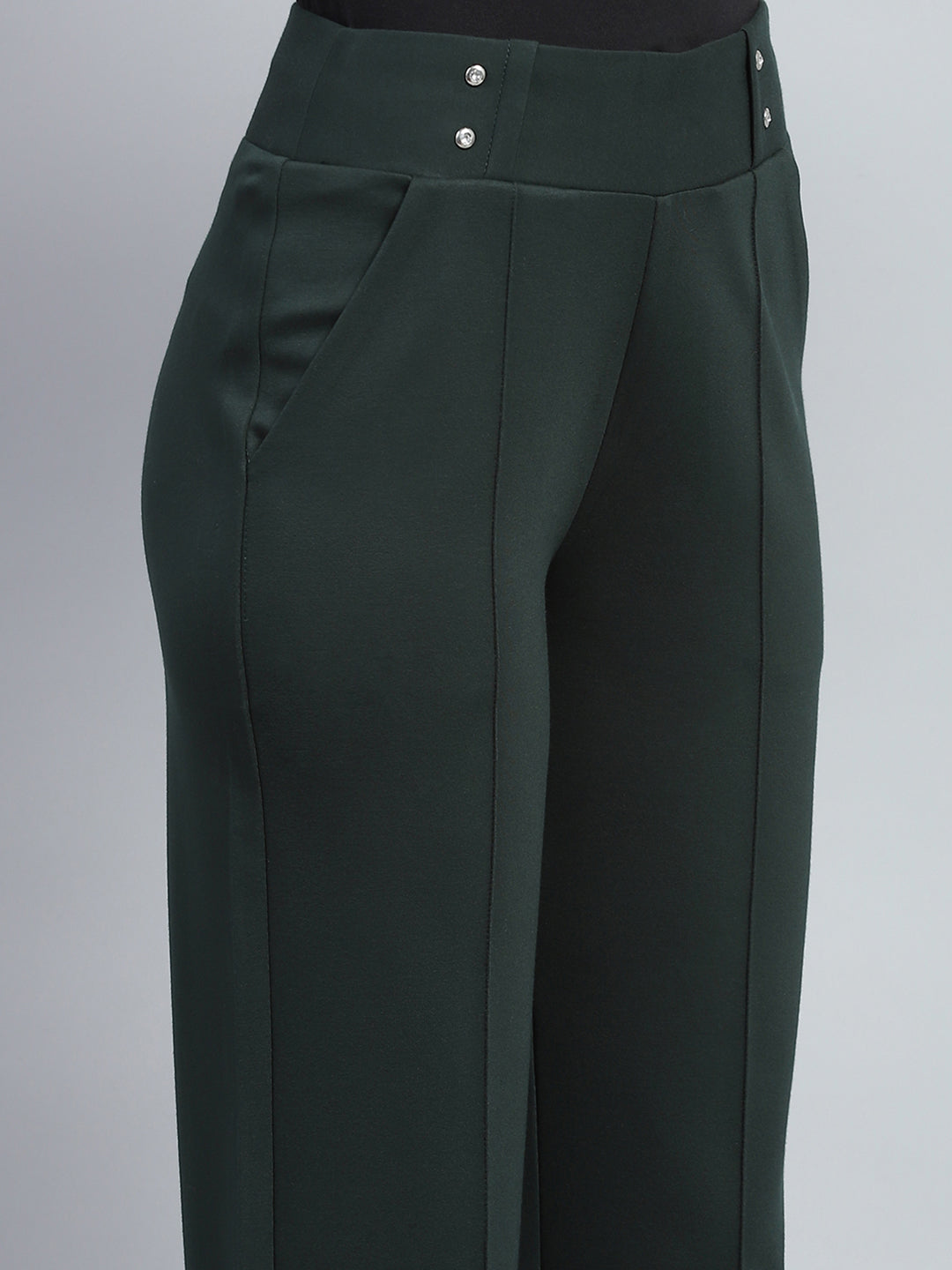 Women Bottle Green Solid Regular Fit Trouser