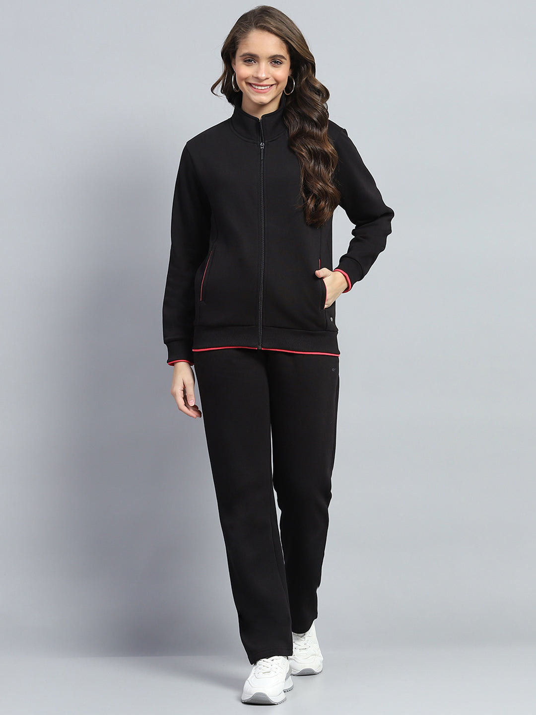 Women Black Solid Mock Neck Full Sleeve Winter Tracksuit