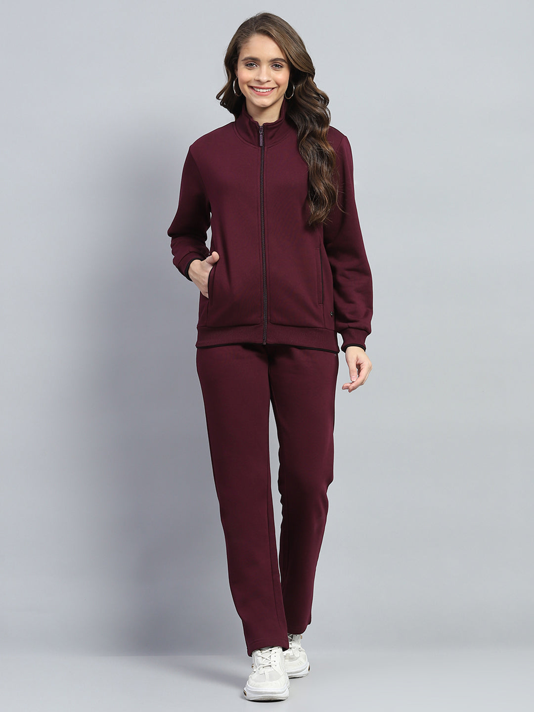 Women Maroon Solid Mock Neck Full Sleeve Winter Tracksuit