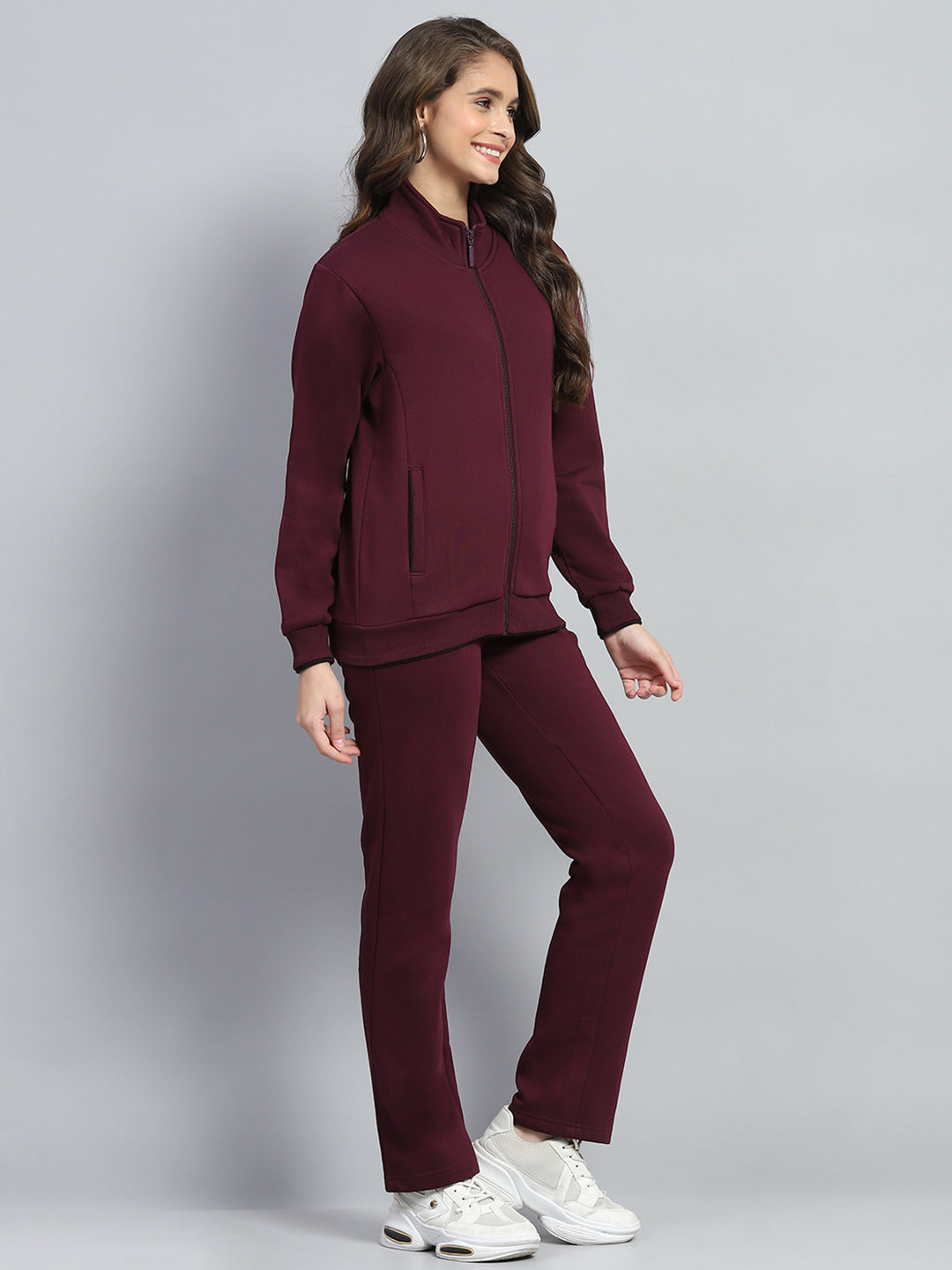 Women Maroon Solid Mock Neck Full Sleeve Winter Tracksuit