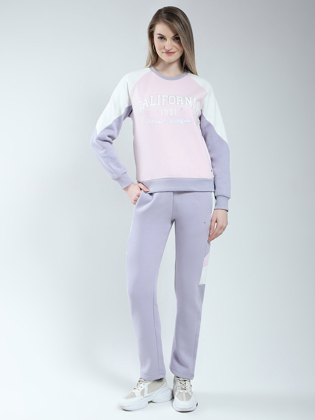 Women Purple Printed Round Neck Full Sleeve Winter Tracksuit