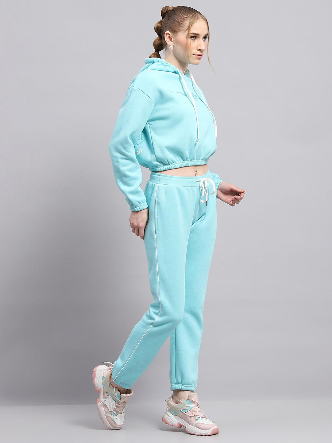 Women Sky Blue Printed Hooded Full Sleeve Tracksuit