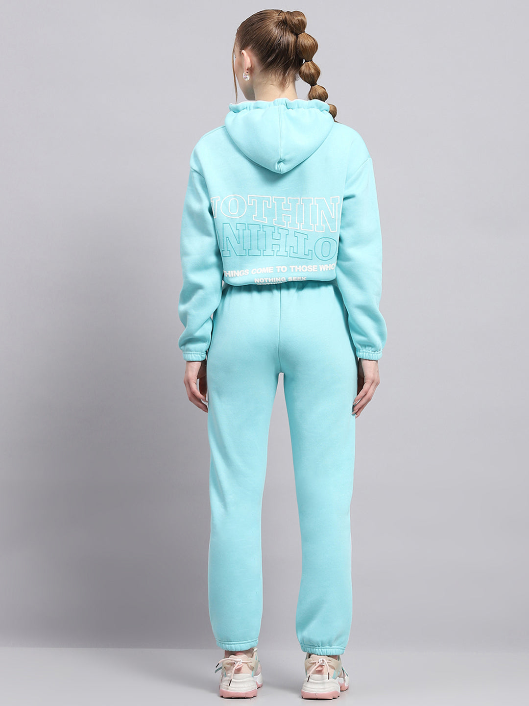 Women Sky Blue Printed Hooded Full Sleeve Tracksuit