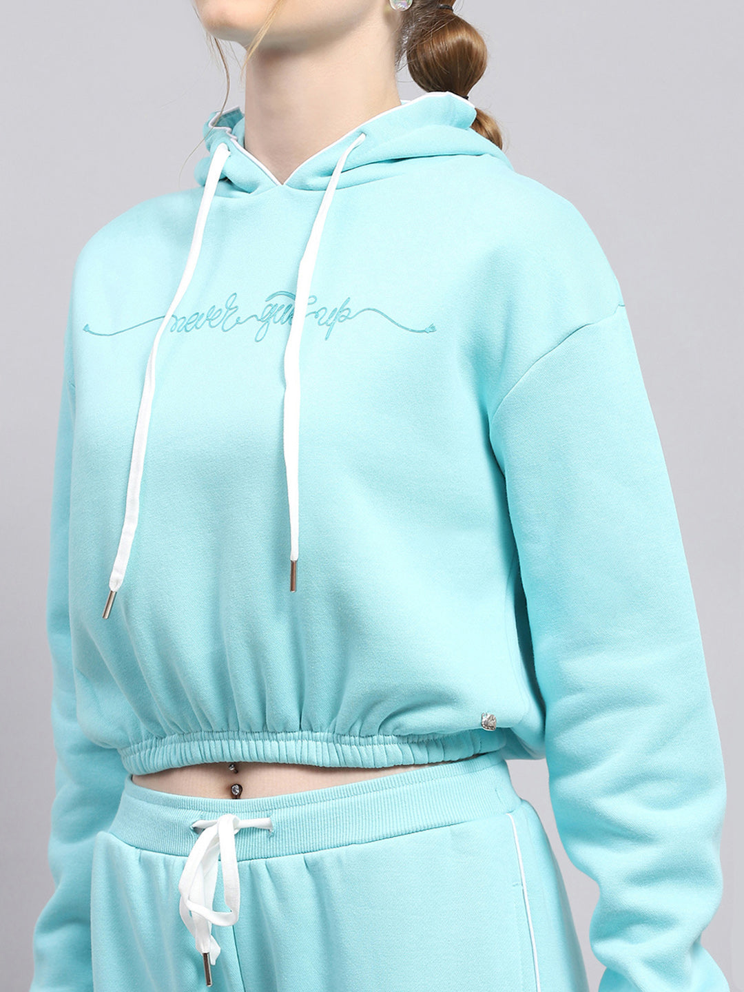 Women Sky Blue Printed Hooded Full Sleeve Tracksuit