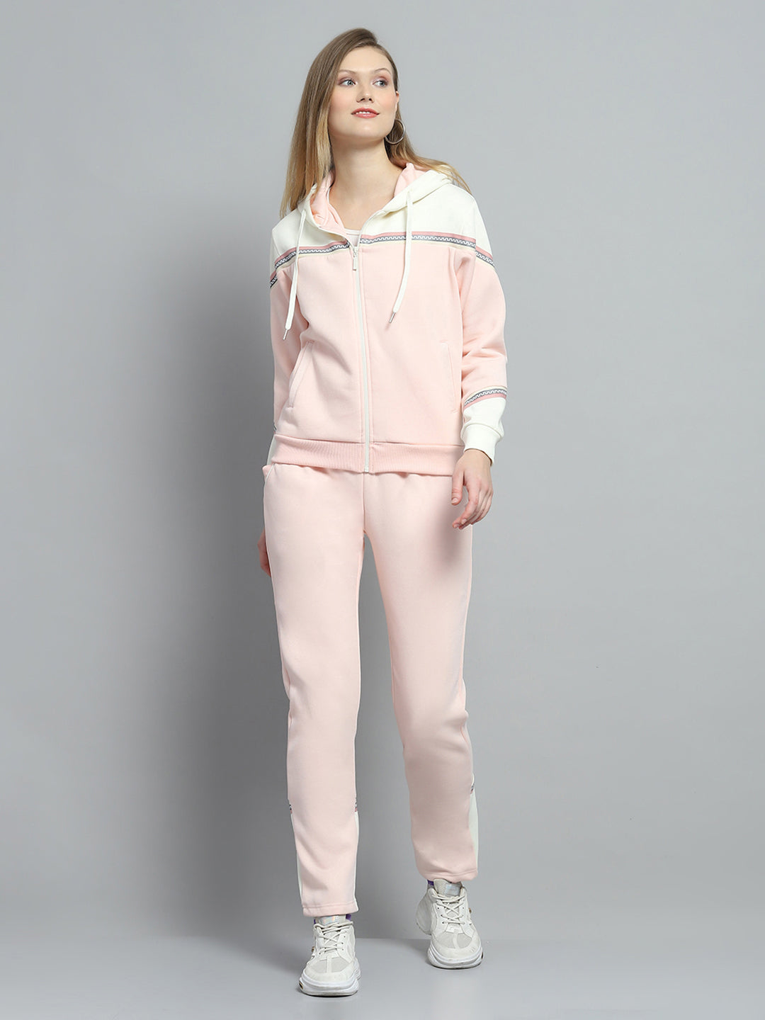 Women Peach Solid Hooded Full Sleeve Tracksuit