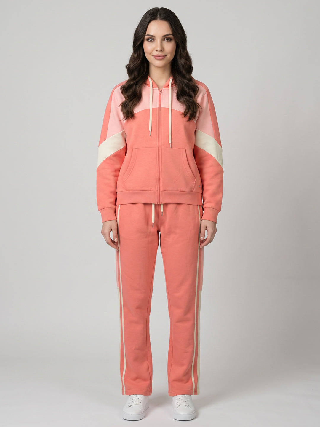 Women Coral Solid Hooded Full Sleeve Tracksuit