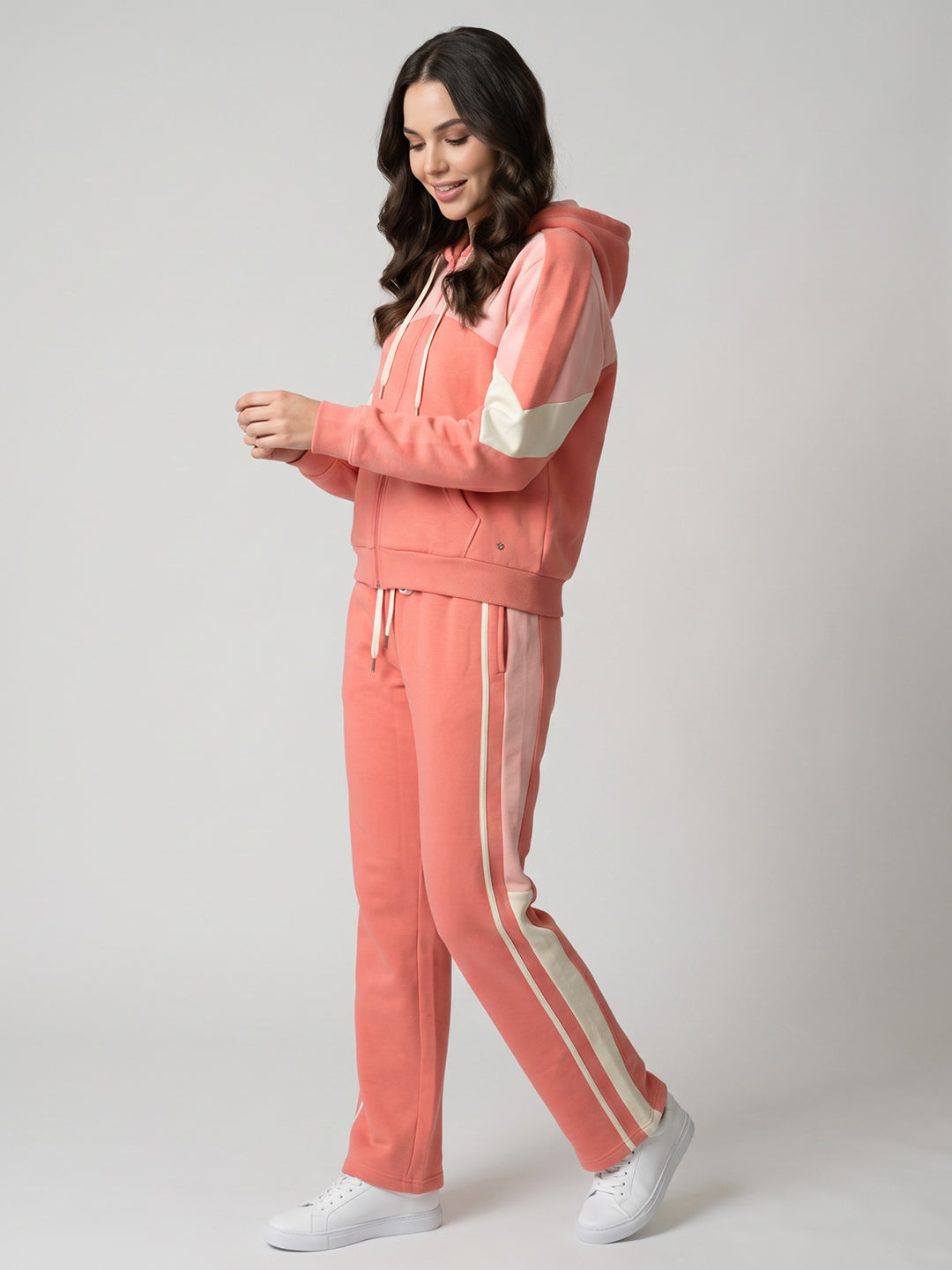 Women Coral Solid Hooded Full Sleeve Tracksuit