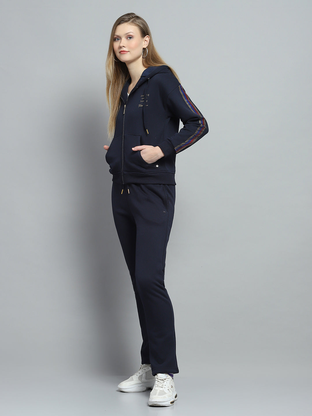 Women Navy Blue Printed Hooded Full Sleeve Tracksuit