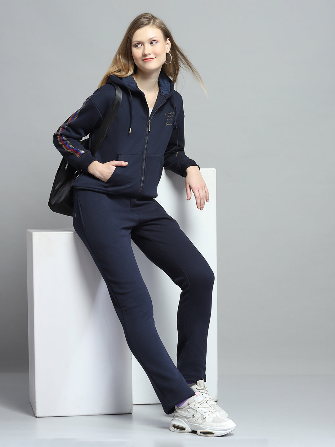 Women Navy Blue Printed Hooded Full Sleeve Tracksuit