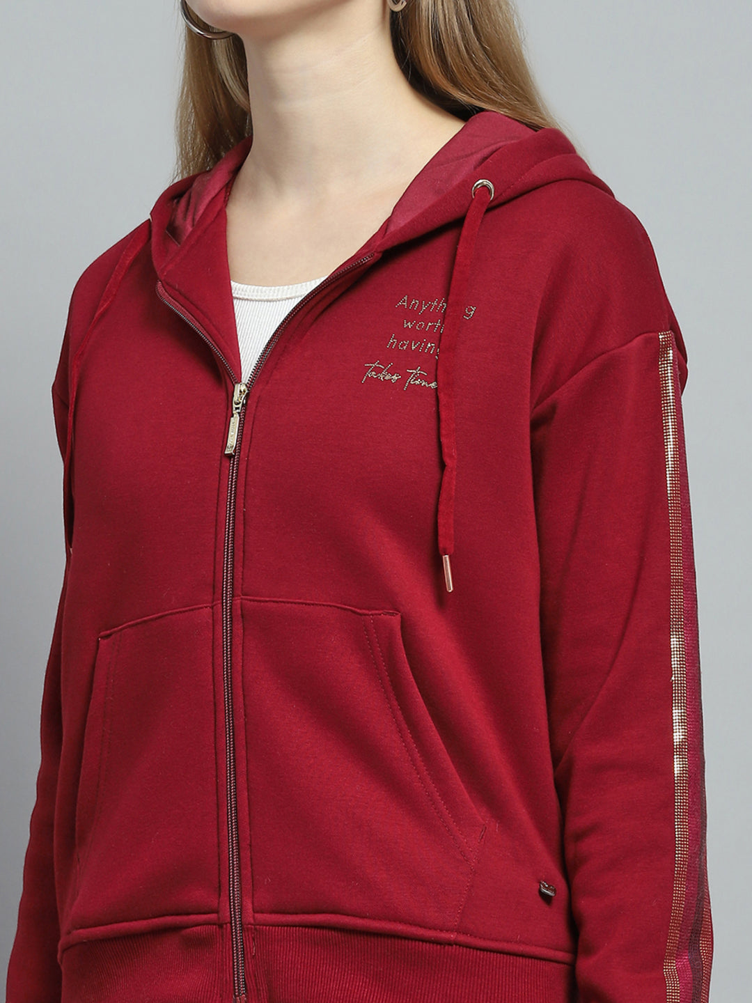 Women Maroon Printed Hooded Full Sleeve Tracksuit
