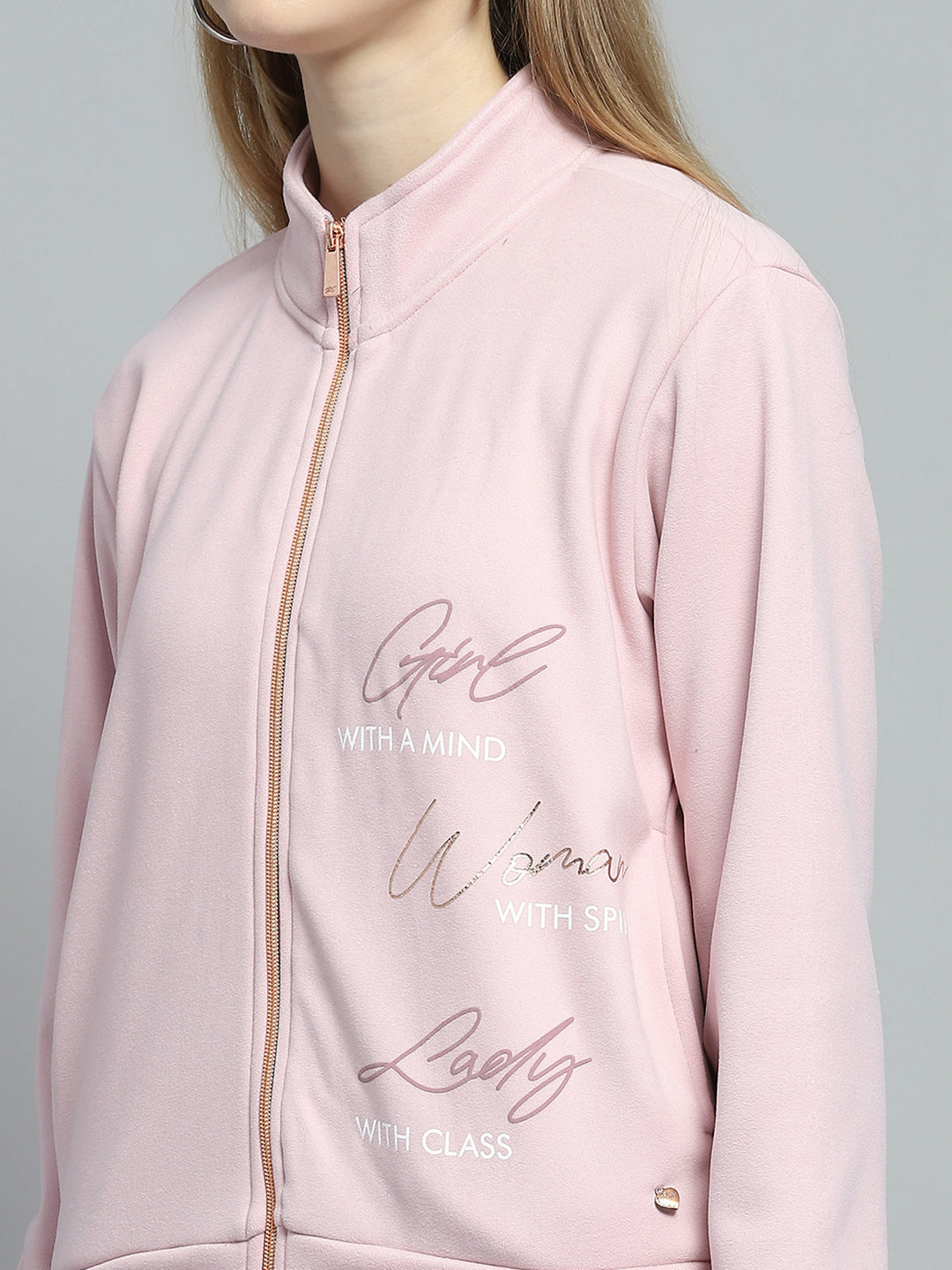 Women Pink Printed Mock Neck Full Sleeve Tracksuit