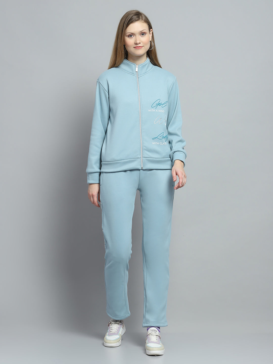 Women Blue Printed Mock Neck Full Sleeve Tracksuit