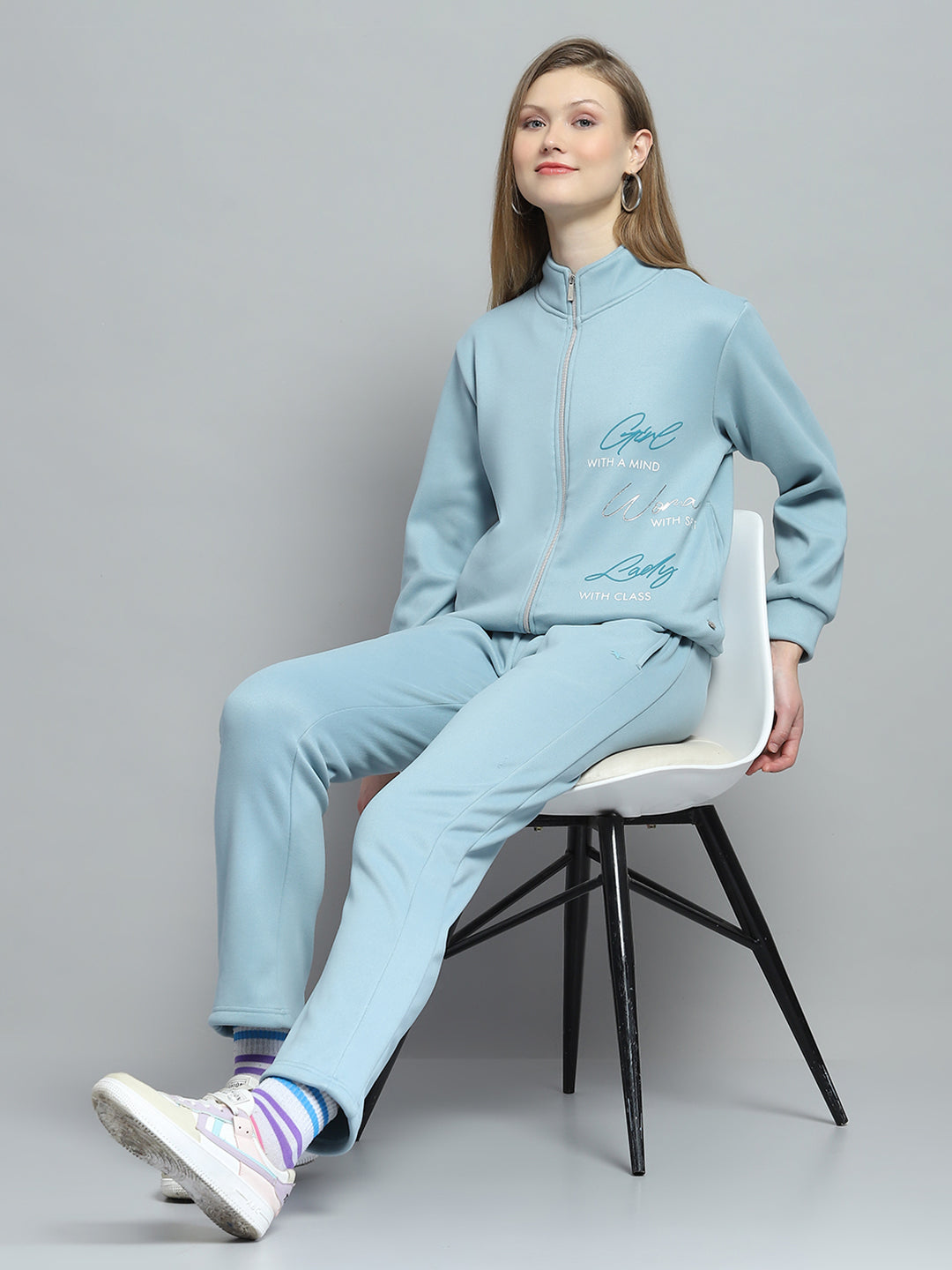 Women Blue Printed Mock Neck Full Sleeve Tracksuit