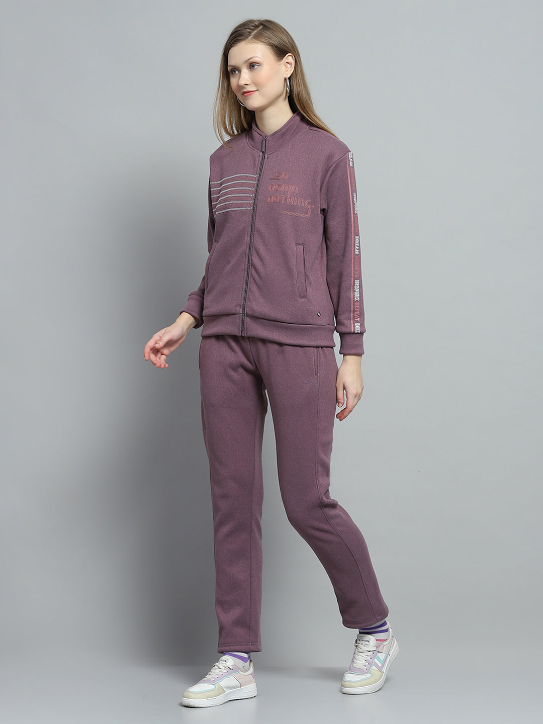 Women Purple Printed Mock Neck Full Sleeve Tracksuit