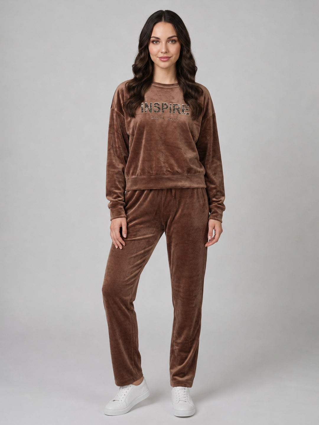 Women Brown Printed Round Neck Full Sleeve Cords Set