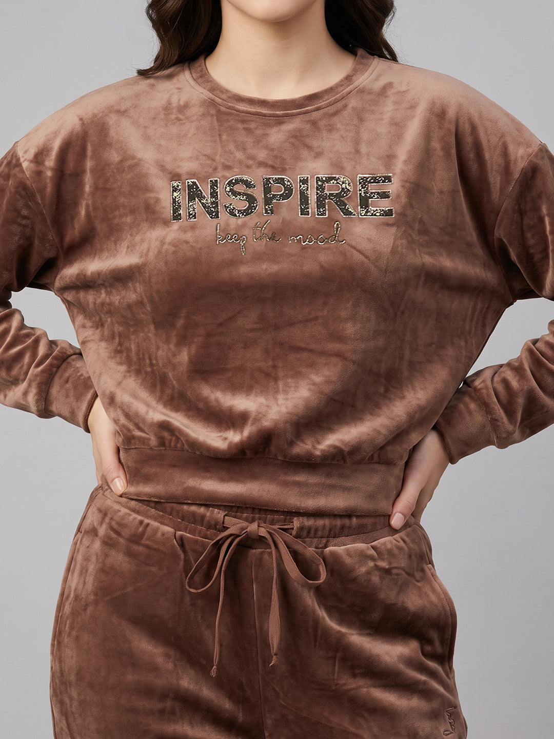 Women Brown Printed Round Neck Full Sleeve Cords Set