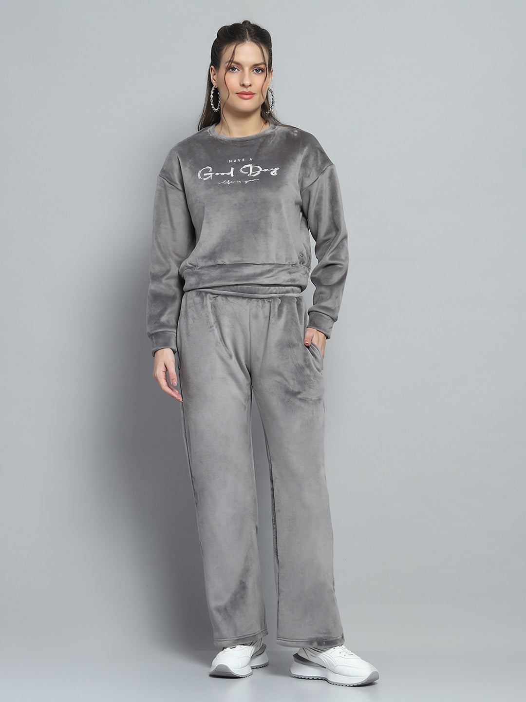Women Grey Printed Round Neck Full Sleeve Cords Set