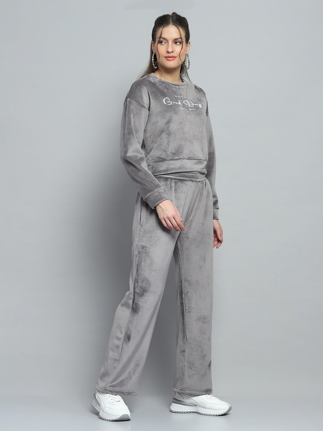 Women Grey Printed Round Neck Full Sleeve Cords Set